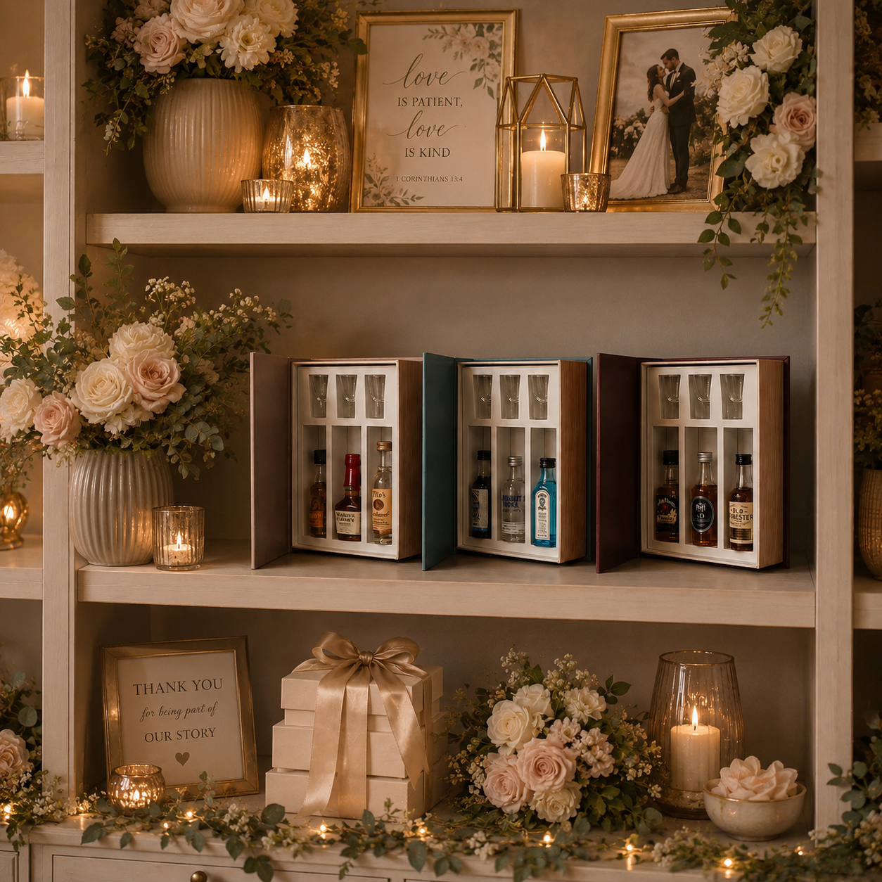 Wedding gift shelf display with hidden spirits book boxes and flowers
