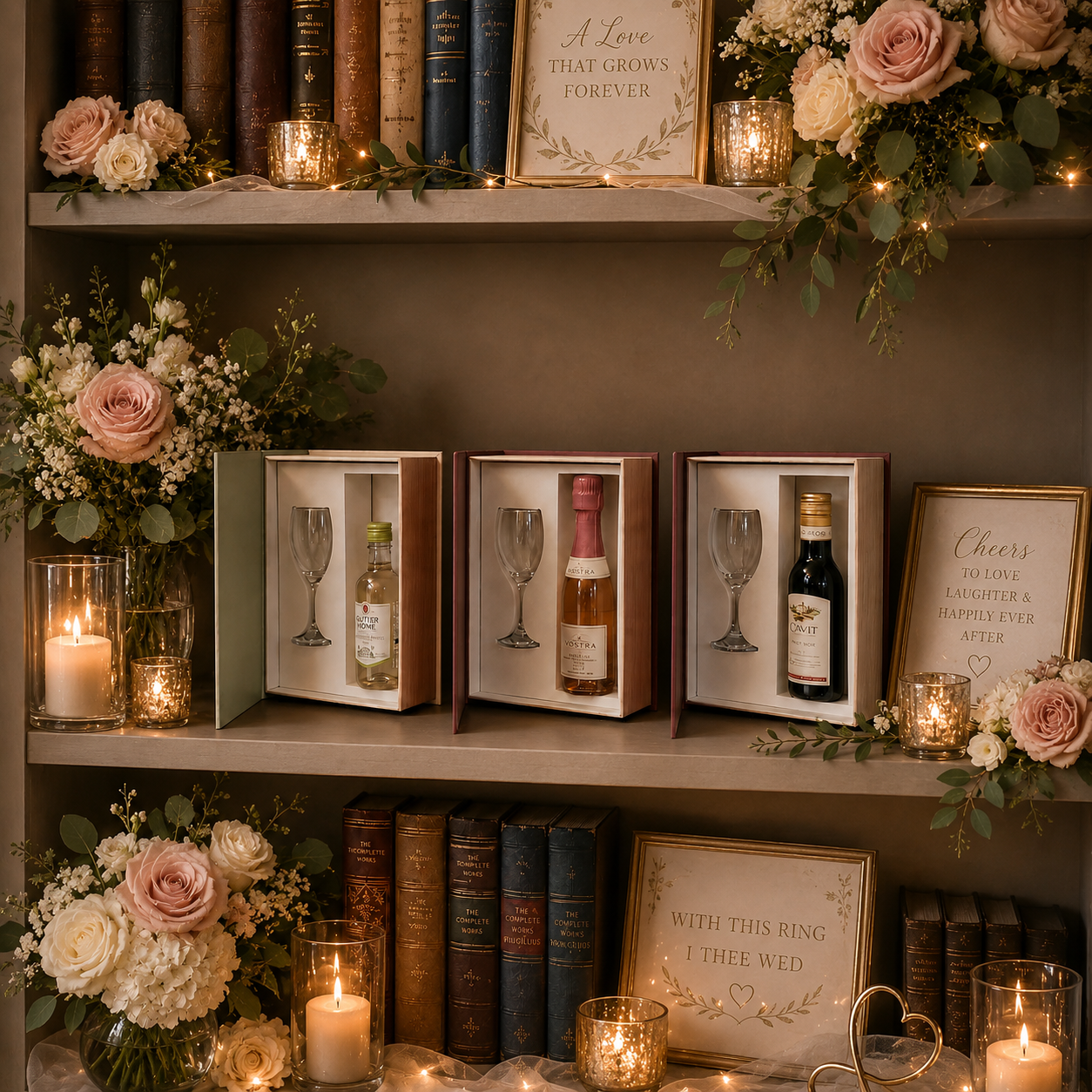 Wedding gift shelf display with hidden wine book boxes