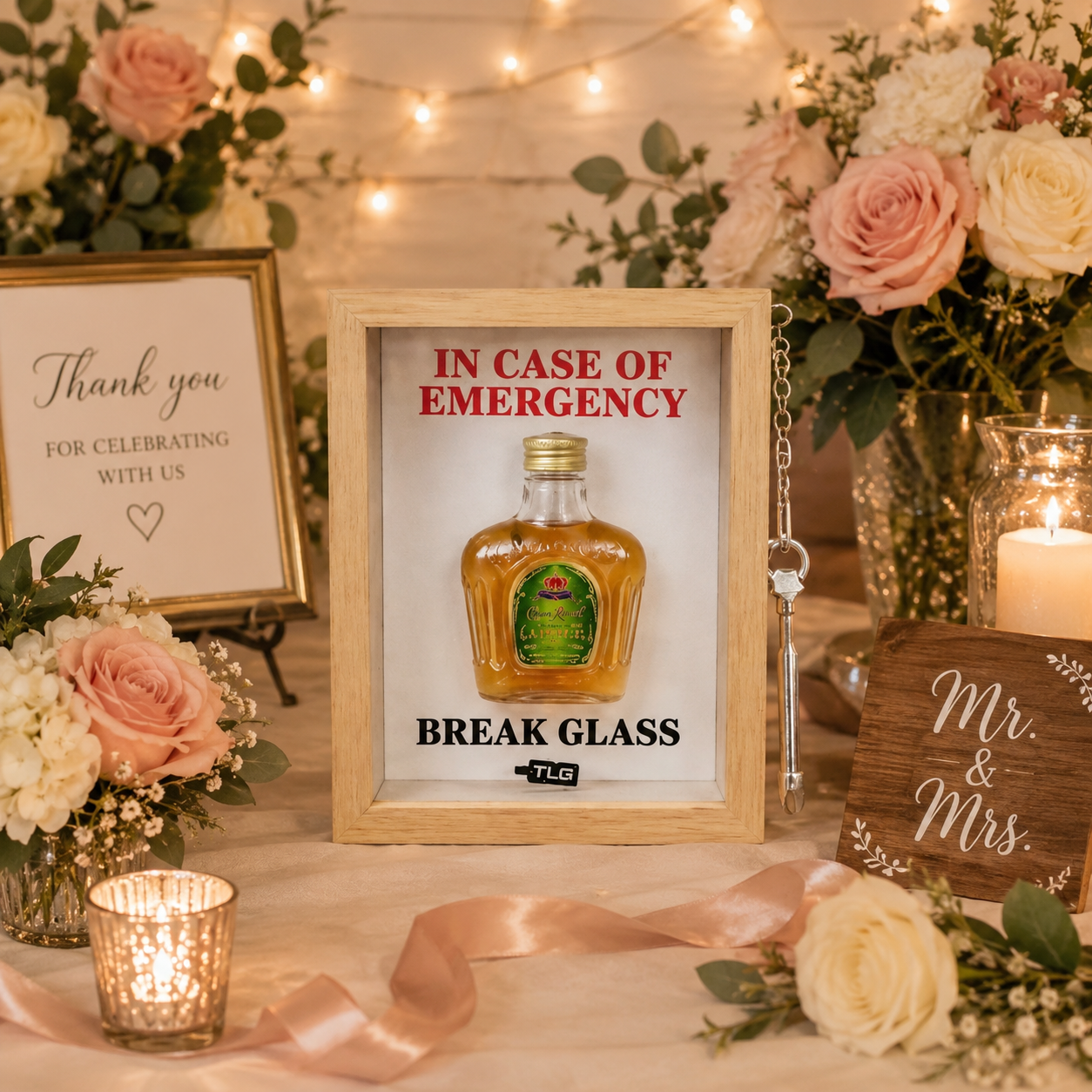 Emergency Break Glass display box styled for bridal shower gifts
