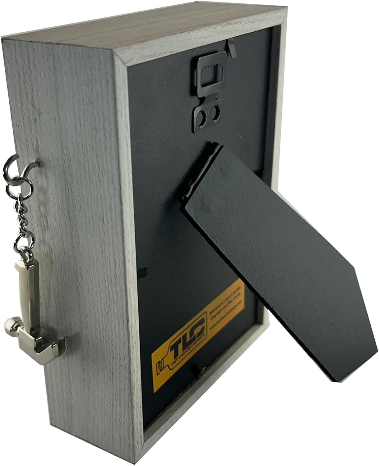 Back view of white Emergency Break Glass Display Box with stand