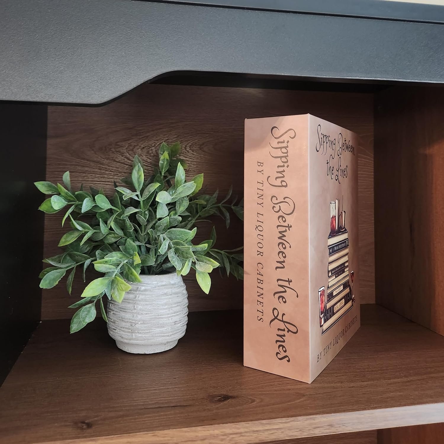 Sipping Between the Lines displayed on a shelf beside a plant