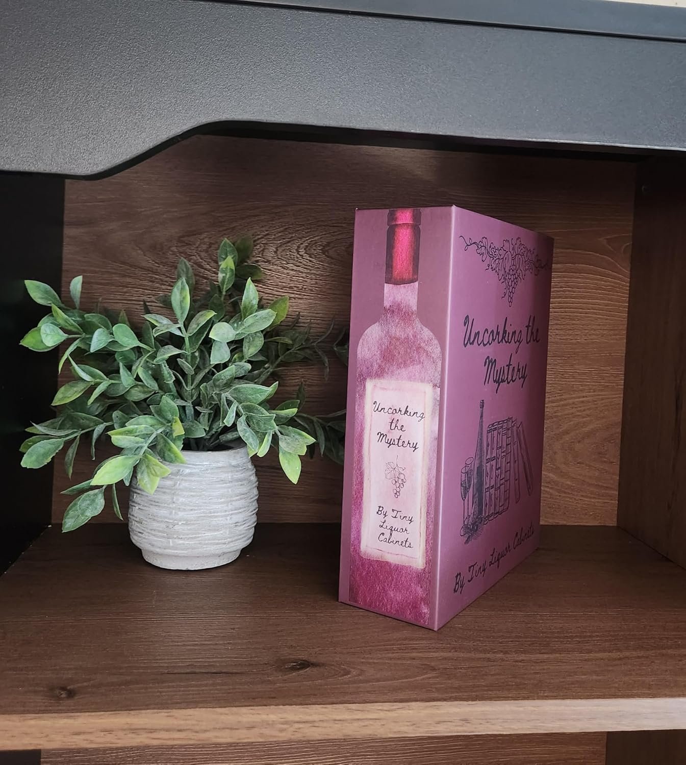 Uncorking the Mystery displayed on a shelf with plant