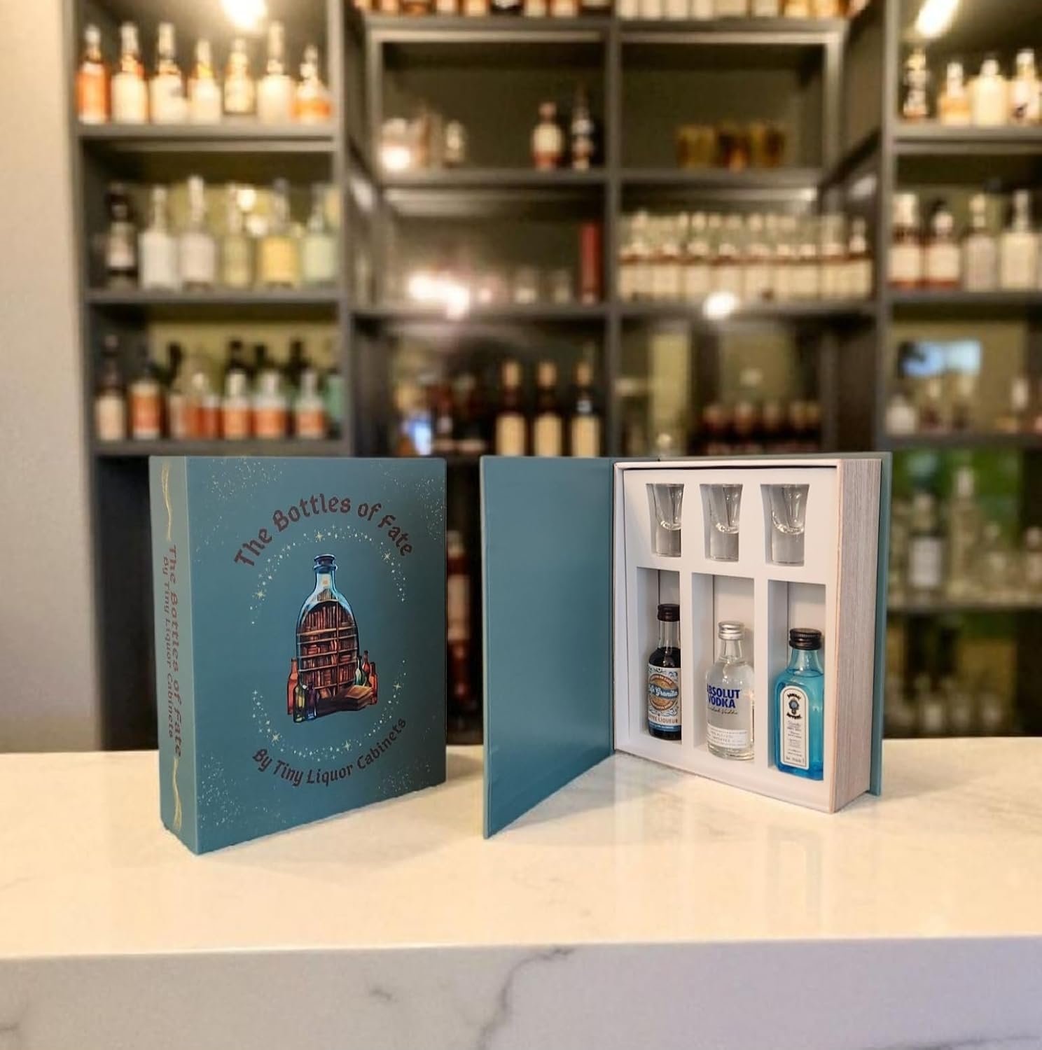 The Bottles of Fate displayed open on a bar counter